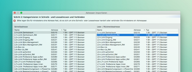 Verbinden von KNX Gruppenadressen im ayControl Editor